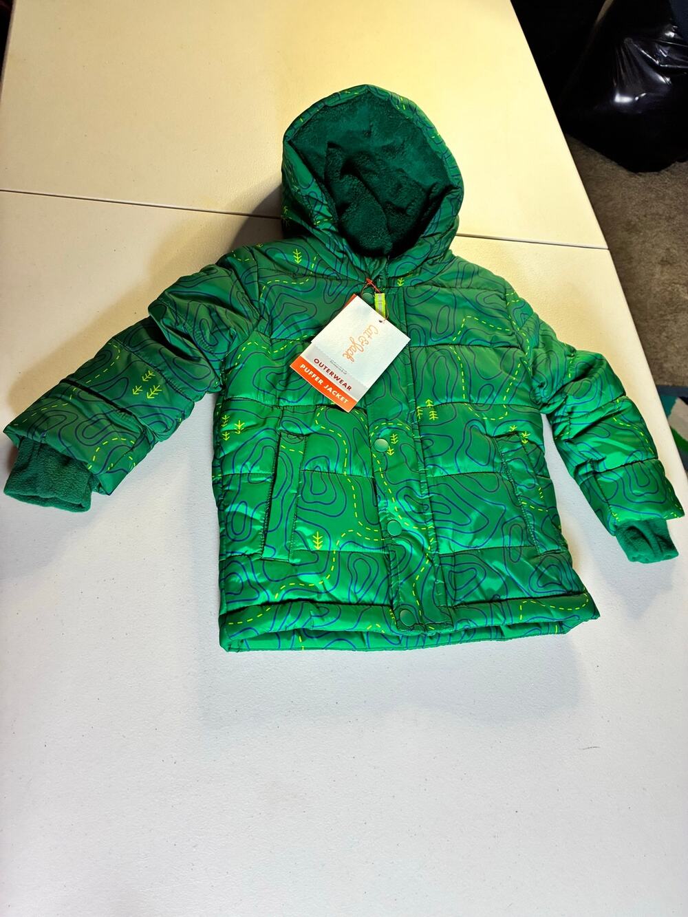 NWT Cat & Jack Toddler 2T Green Puffer Jacket Topographic Map Hooded Mittens